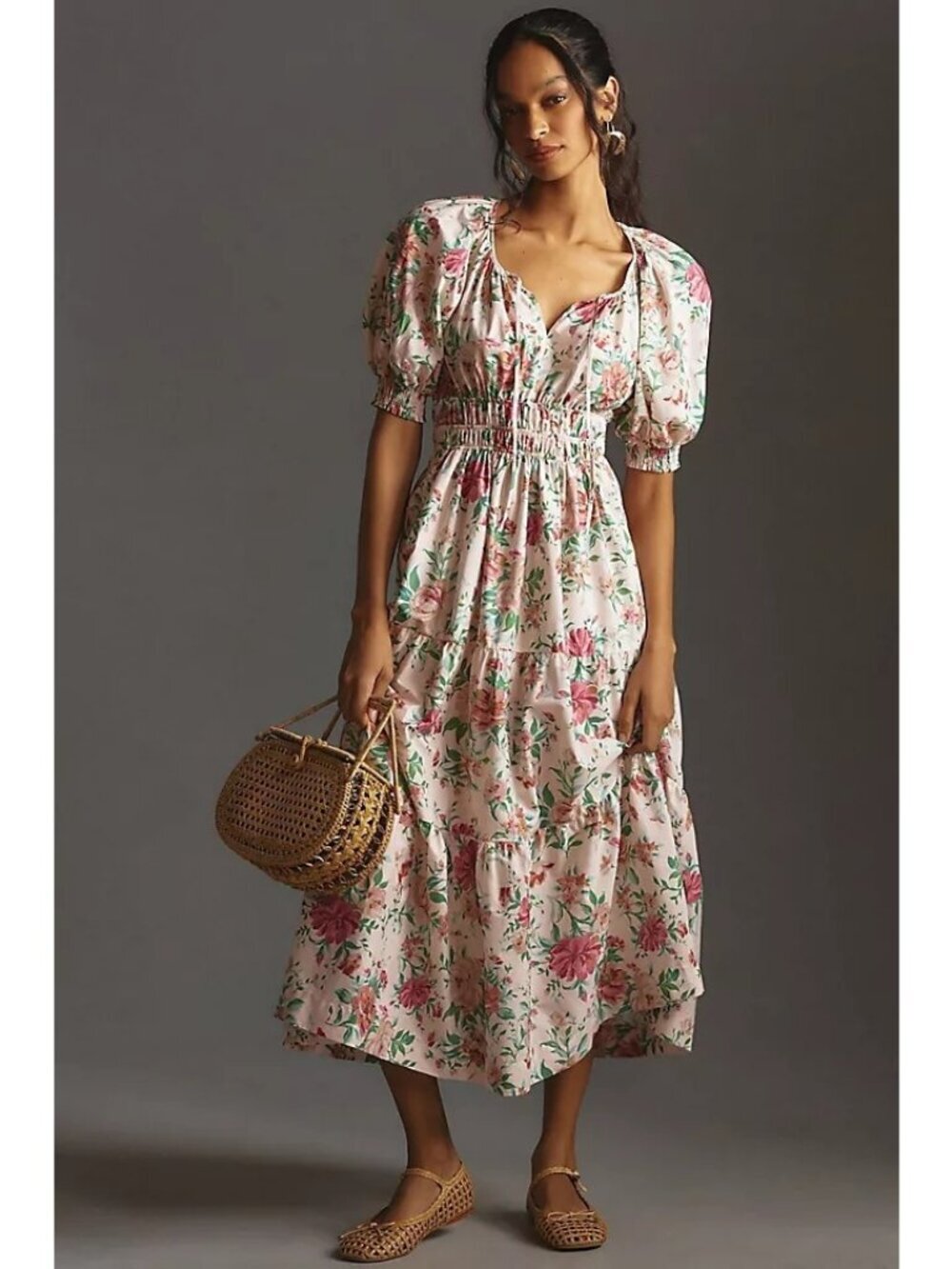 Anthropologie Somerset Floral Maxi Dress Puff-Sleeve Edition White Pink Sz S